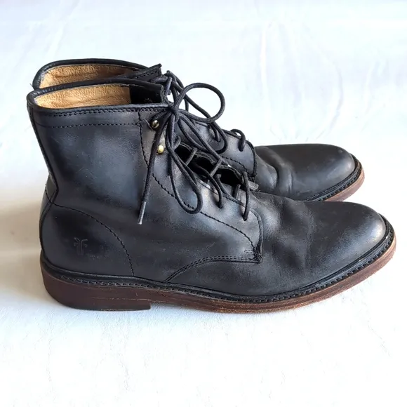 Men's Frye James Lace Up Black Leather Boots Size 7.5 D