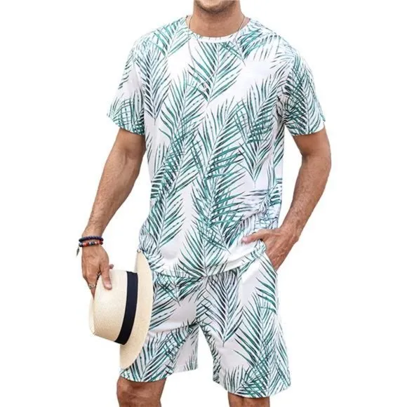 Men's Hawaiian T-Shirt Set Summer Beach Green Plants