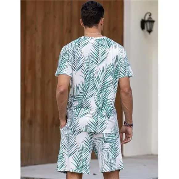 Men's Hawaiian T-Shirt Set Summer Beach Green Plants