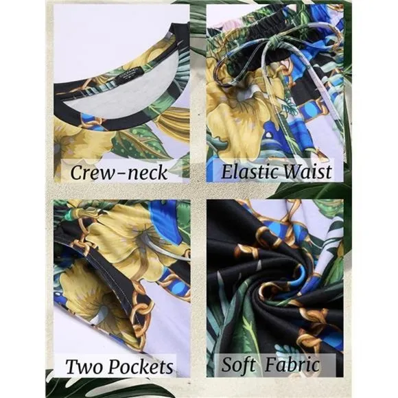 Men's Hawaiian T-Shirt Set Summer Beach Green Plants