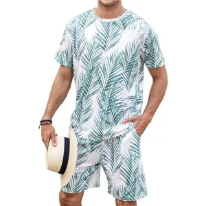 Men's Hawaiian T-Shirt Set Summer Beach Green Plants