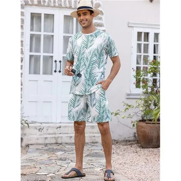 Men's Hawaiian T-Shirt Set Summer Beach Green Plants