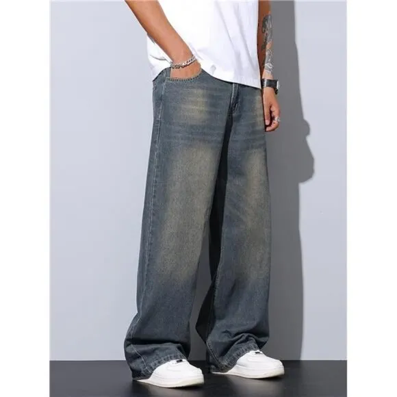 Mens Wide Leg Baggy Jeans Y2k Casual Fashion Loose Denim Pants Work Office