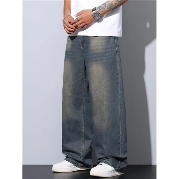Mens Wide Leg Baggy Jeans Y2k Casual Fashion Loose Denim Pants Work Office