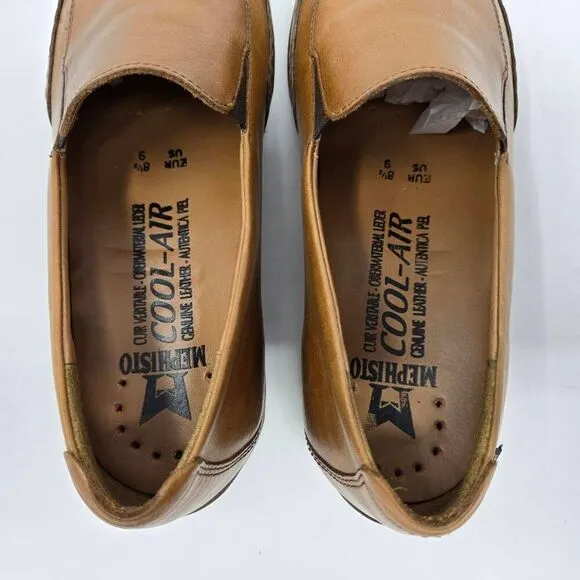 MEPHISTO COOL AIR MENS SIZE 9 BROWN COGNAC LEATHER SLIP ON CASUAL SHOES LOAFERS