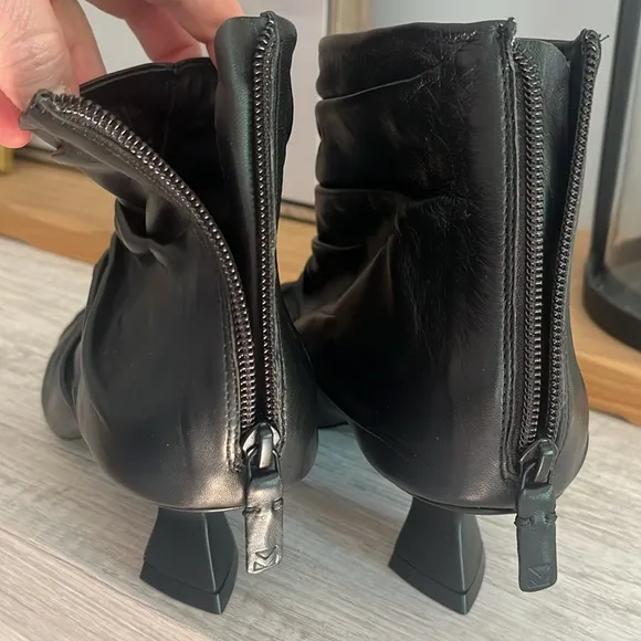 Mercedes Castillo Black Leather Caitlyn Ruched Ankle Boots, Size 9, NWOT
