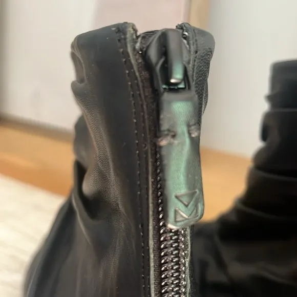 Mercedes Castillo Black Leather Caitlyn Ruched Ankle Boots, Size 9, NWOT