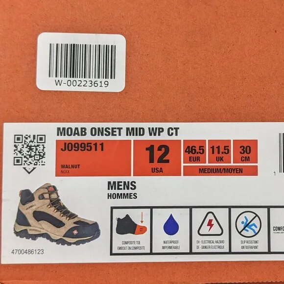 Merrell Moab Onset Composite Toe Work Boots, Walnut, Men's 12 M