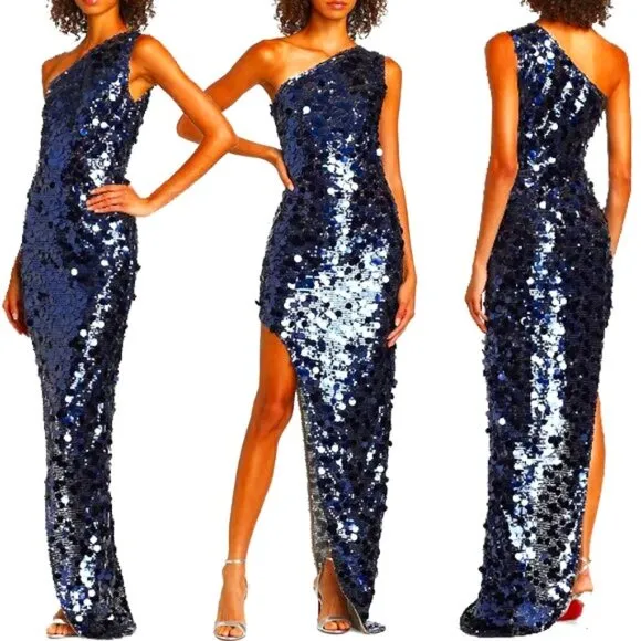 💥MEZMERAZING!💥One-shoulder Asymmetrical Gown in Royal Blue Disc Sequin