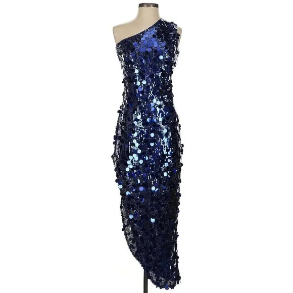 💥MEZMERAZING!💥One-shoulder Asymmetrical Gown in Royal Blue Disc Sequin