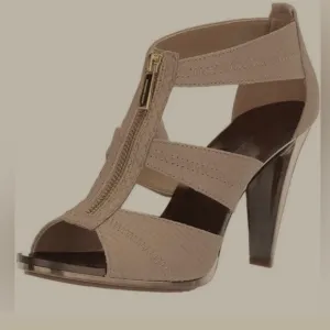 Michael Kors Berkley T-Strap Leather Open-Toe Beige Heeled Sandals
