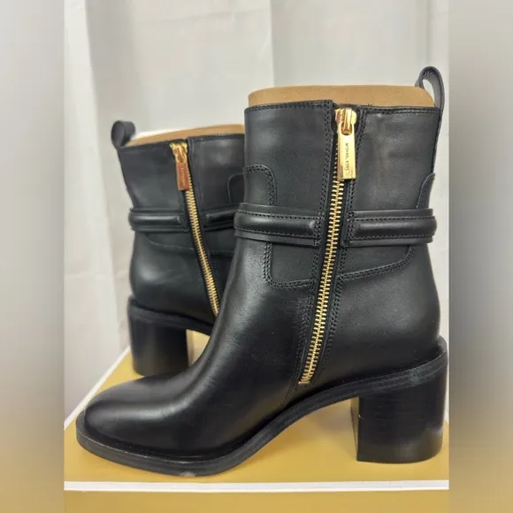 Michael Kors Black Mindy Bombe Leather Ankle Boot Gold Zipper &amp; Strapps   6M NWT