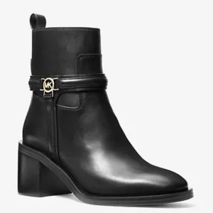 Michael Kors Black Mindy Bombe Leather Ankle Boot Gold Zipper &amp; Strapps   6M NWT