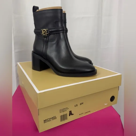 Michael Kors Black Mindy Bombe Leather Ankle Boot Gold Zipper &amp; Strapps   6M NWT