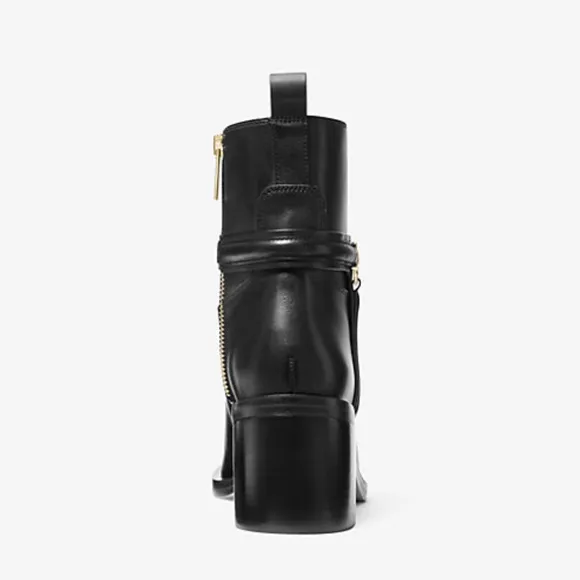Michael Kors Black Mindy Bombe Leather Ankle Boot Gold Zipper &amp; Strapps   6M NWT