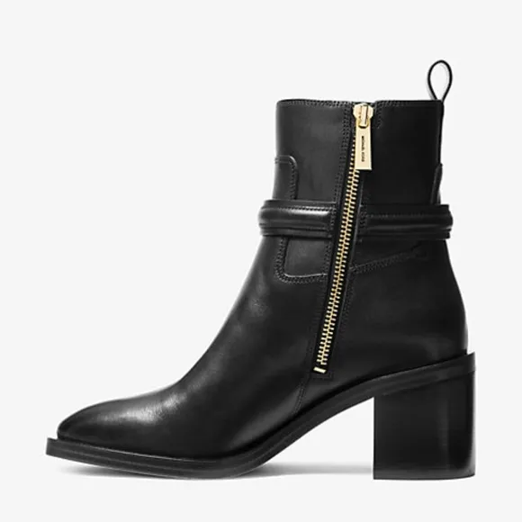 Michael Kors Black Mindy Bombe Leather Ankle Boot Gold Zipper &amp; Strapps   6M NWT