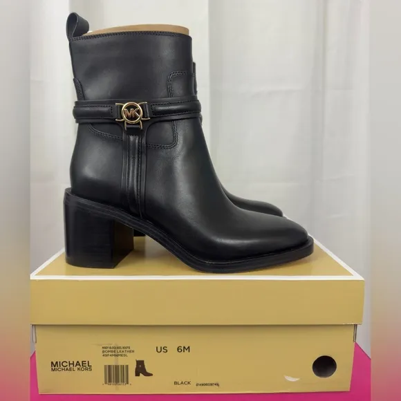 Michael Kors Black Mindy Bombe Leather Ankle Boot Gold Zipper &amp; Strapps   6M NWT