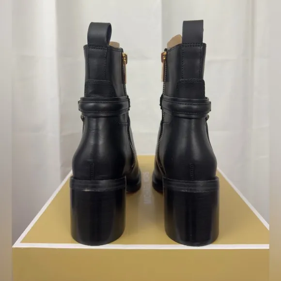 Michael Kors Black Mindy Bombe Leather Ankle Boot Gold Zipper &amp; Strapps   6M NWT