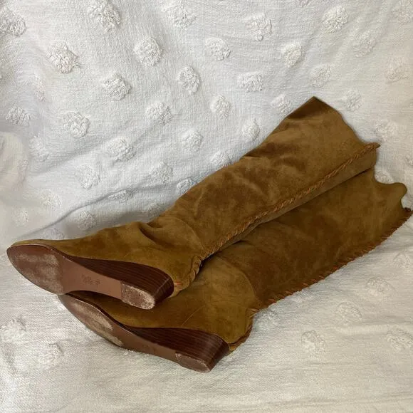 Michael Kors Genuine Suede Leather Boots Wedge Heel Braided Seam Slouchy Tall