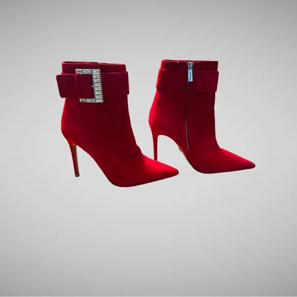 MICHAEL KORS Giselle JEWEL-Buckle Pointed-Toe Suede Ankle Boots - RED