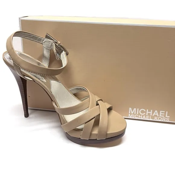Michael Kors High Heel Strappy Sandals Keli Nude Beige Size 10 Patent Leather