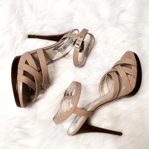 Michael Kors High Heel Strappy Sandals Keli Nude Beige Size 10 Patent Leather