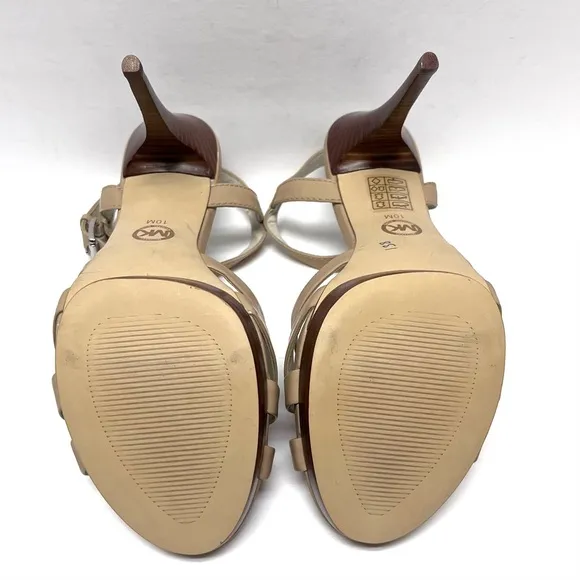 Michael Kors High Heel Strappy Sandals Keli Nude Beige Size 10 Patent Leather
