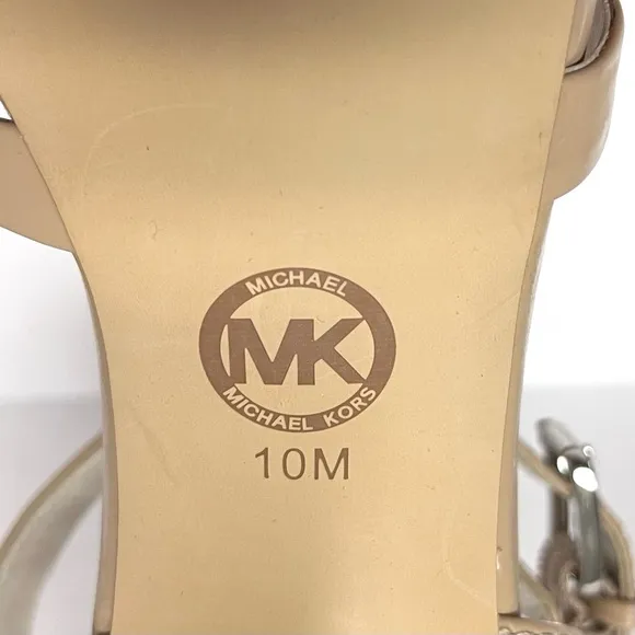 Michael Kors High Heel Strappy Sandals Keli Nude Beige Size 10 Patent Leather