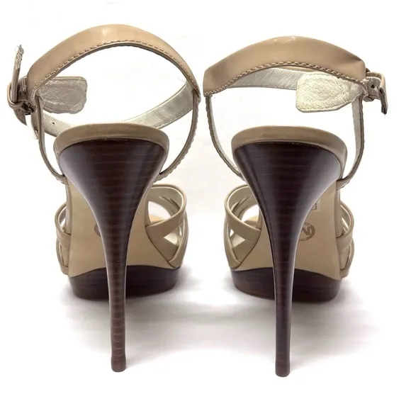 Michael Kors High Heel Strappy Sandals Keli Nude Beige Size 10 Patent Leather