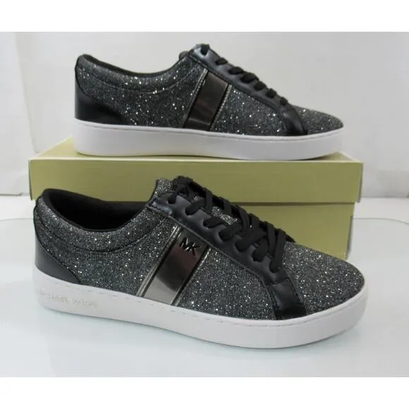 Michael Kors Juno Stripe Lace Up Sneaker Glitter Chain Mesh MK Logo Black Size 9