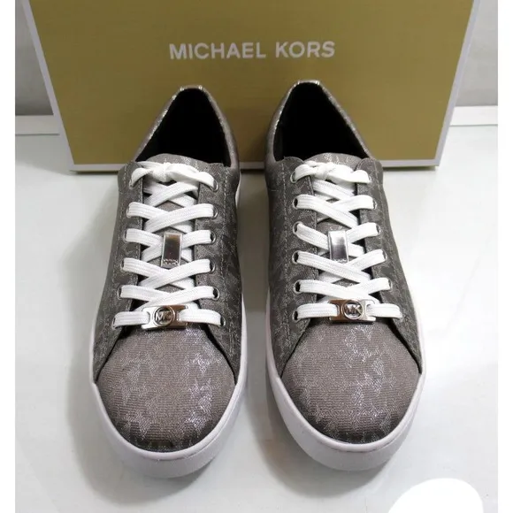 Michael Kors Keaton Lace Up Designer Sneakers MK Logo Silver Size 7.5