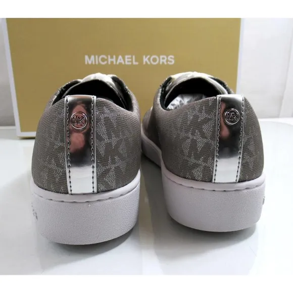 Michael Kors Keaton Lace Up Designer Sneakers MK Logo Silver Size 7.5