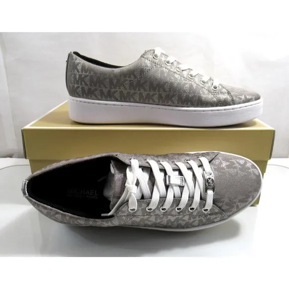 Michael Kors Keaton Lace Up Designer Sneakers MK Logo Silver Size 7.5