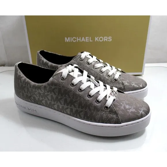 Michael Kors Keaton Lace Up Designer Sneakers MK Logo Silver Size 7.5