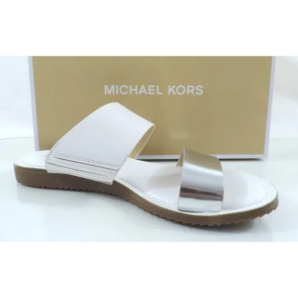 Michael Kors Millie Slide Flat Sandals Metallic Leather Silver / White Size 7.5