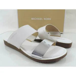 Michael Kors Millie Slide Flat Sandals Metallic Leather Silver / White Size 7.5