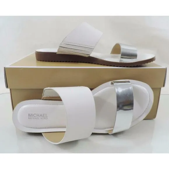 Michael Kors Millie Slide Flat Sandals Metallic Leather Silver / White Size 7.5