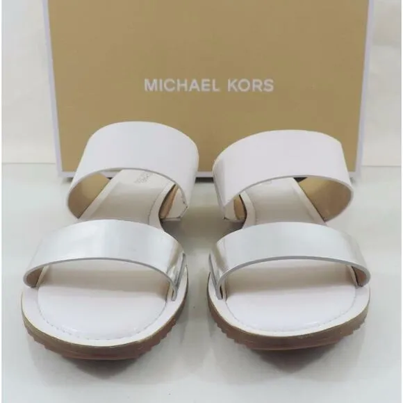 Michael Kors Millie Slide Flat Sandals Metallic Leather Silver / White Size 7.5