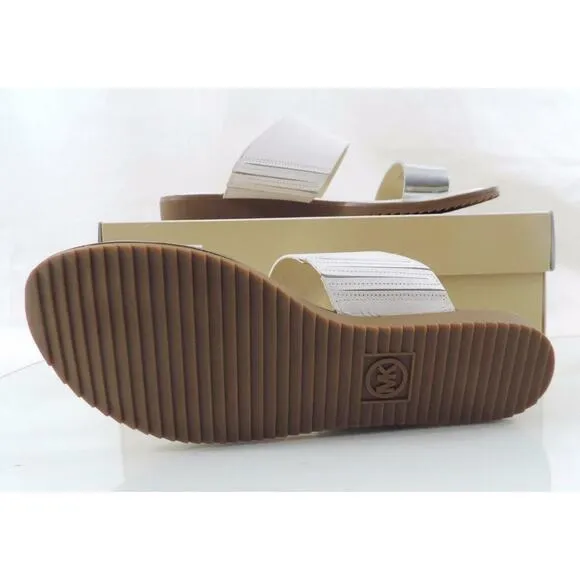 Michael Kors Millie Slide Flat Sandals Metallic Leather Silver / White Size 7.5