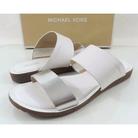 Michael Kors Millie Slide Flat Sandals Metallic Leather Silver / White Size 7.5