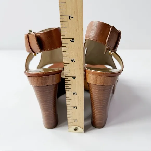 Michael Kors Women Tan Leather Peep Toe Wedge Heel Sandals US7 Classic Bodycon