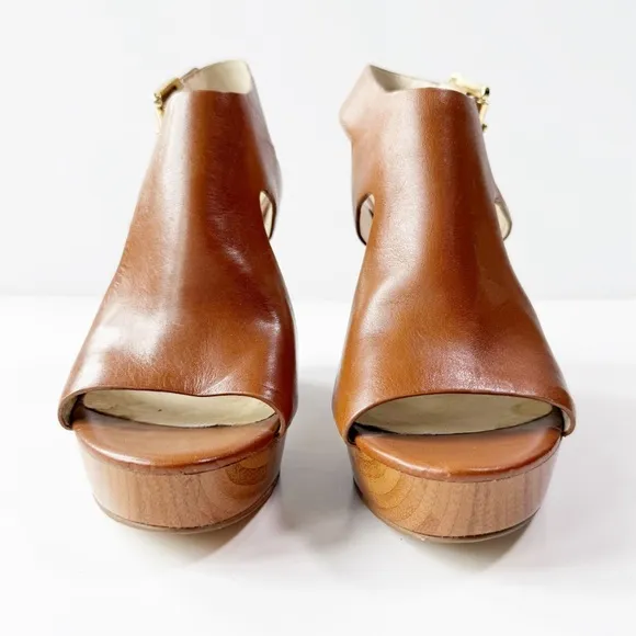 Michael Kors Women Tan Leather Peep Toe Wedge Heel Sandals US7 Classic Bodycon
