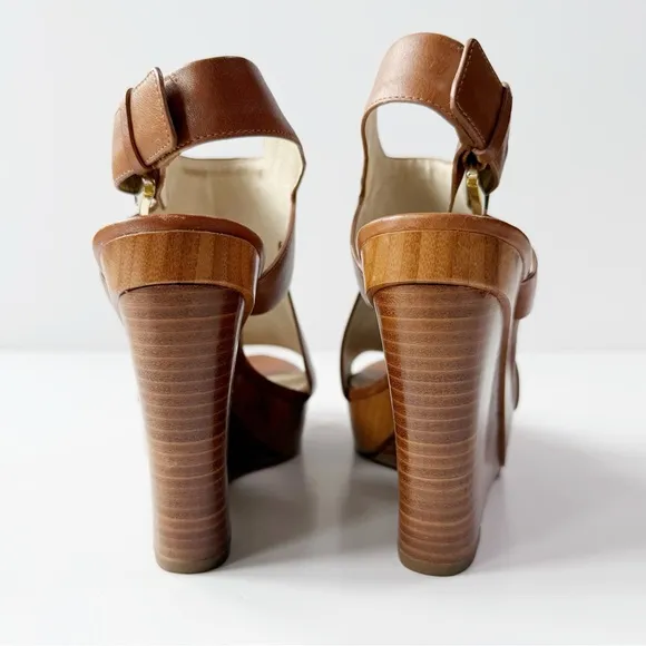 Michael Kors Women Tan Leather Peep Toe Wedge Heel Sandals US7 Classic Bodycon