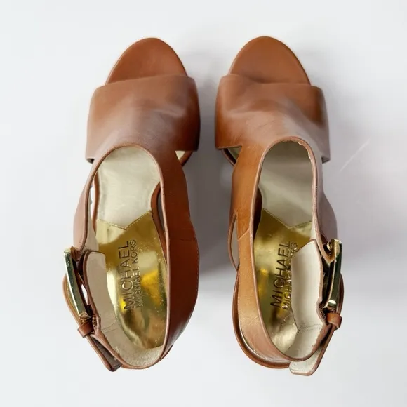 Michael Kors Women Tan Leather Peep Toe Wedge Heel Sandals US7 Classic Bodycon