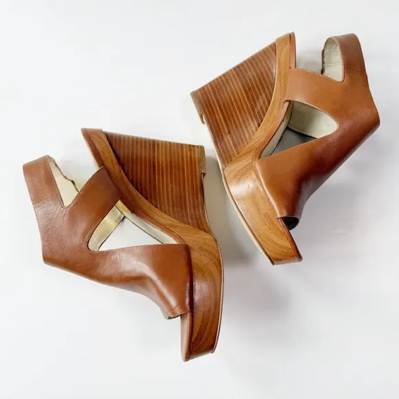 Michael Kors Women Tan Leather Peep Toe Wedge Heel Sandals US7 Classic Bodycon