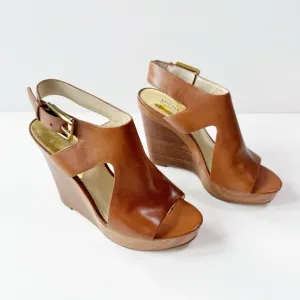 Michael Kors Women Tan Leather Peep Toe Wedge Heel Sandals US7 Classic Bodycon