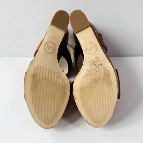 Michael Kors Women Tan Leather Peep Toe Wedge Heel Sandals US7 Classic Bodycon