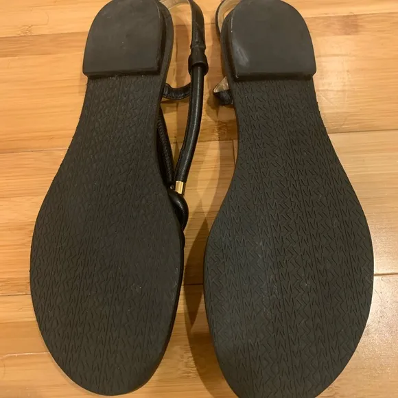 MICHAEL Michael Kors Holly Black Leather &amp; Gold Hardware Flat Sandals Size 7.5