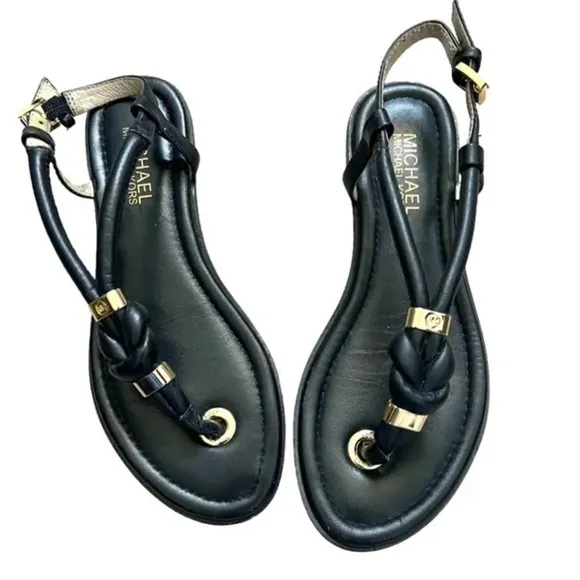 MICHAEL Michael Kors Holly Black Leather &amp; Gold Hardware Flat Sandals Size 7.5
