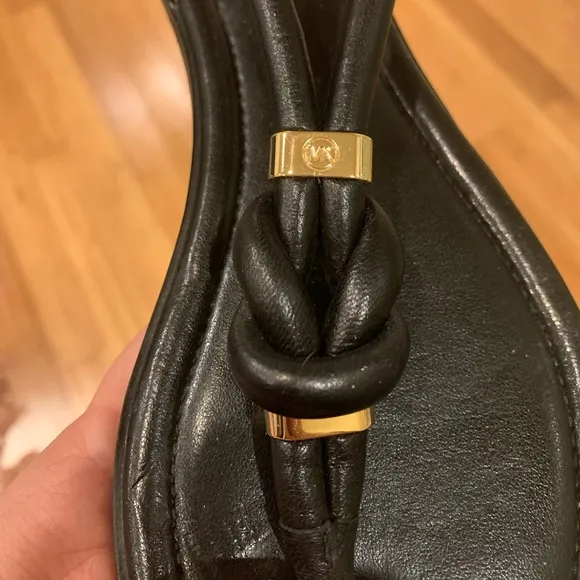 MICHAEL Michael Kors Holly Black Leather &amp; Gold Hardware Flat Sandals Size 7.5